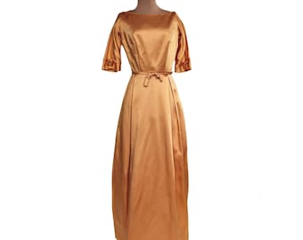 Vintage 50s apricot bronze satin gown with bows| party dress