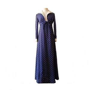 Vintage 70s polka dot navy dress/ sleeveless maxi sundress/ white bodice/ empire waist/ Bolero jacket/ summer dress/ Melissa Lane/ image 1
