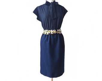 Vintage 60s navy blue polka dot dress/ ascot tie shirt dress/ office dress/ blue polka dot day dress/ pencil skirt dress/