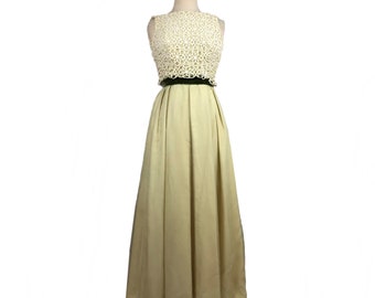 Vintage 60s Pastel Yellow Chiffon Maxi Dress, Floral Lace Overlay, Green Velvet Trim