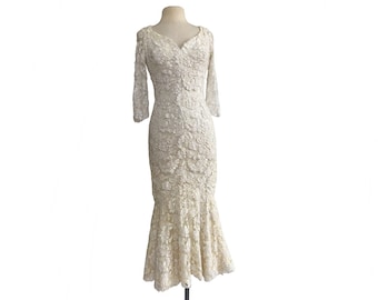 Vintage 60s White Lace Mermaid Dress and Jacket with fur cuffs| winter wedding| shimmery