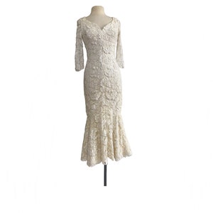 Vintage 60s White Lace Mermaid Dress and Jacket with fur cuffs| winter wedding| shimmery