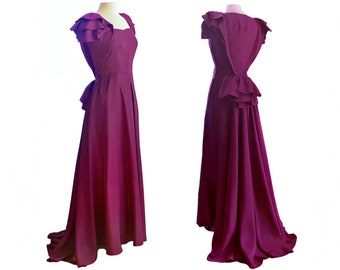 Vintage 1930s magenta maxi gown/ Victorian revival bustle dress/fuchsia formal evening gown/ wedding party dress/ Schiaparelli style dress