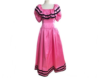 Vintage 80s Oscar de La Renta Pink Satin Gown with Velvet Trim| Full Length Ruffle Gown