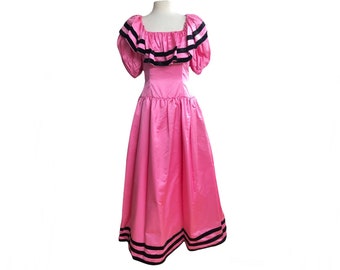 Vintage 80s Oscar de la Renta Pink Satin Gown: Velvet Trim Ruffle Dress