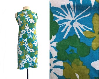 Vintage 60s Hawaiian floral print sheath dress in blue white green and light mossy green by Kay Windsor Juniors| summer day dress