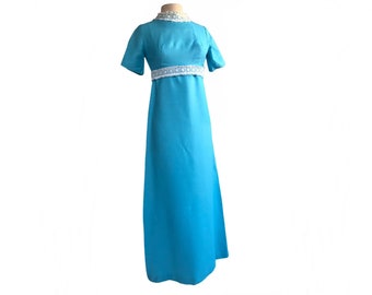Vintage 60s aqua turquoise blue maxi dress| white floral lace neck and belt trim
