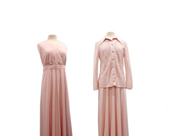 Vintage 70s pink maxi dress set| lace cardigan| empire waist