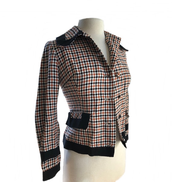 Vintage 70s brown black gingham pattern jacket/ e… - image 1