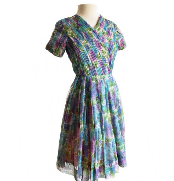 Vintage 60s floral chiffon party dress/ micro ple… - image 2