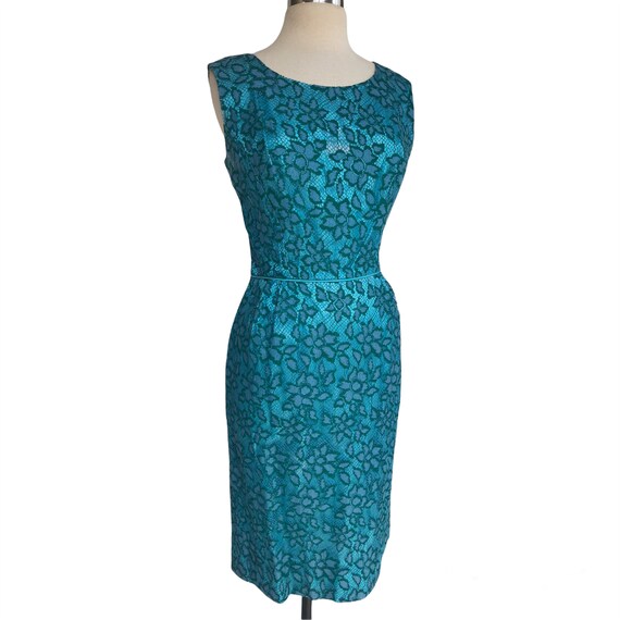 Vintage 60s green & blue floral lace sheath dress… - image 2