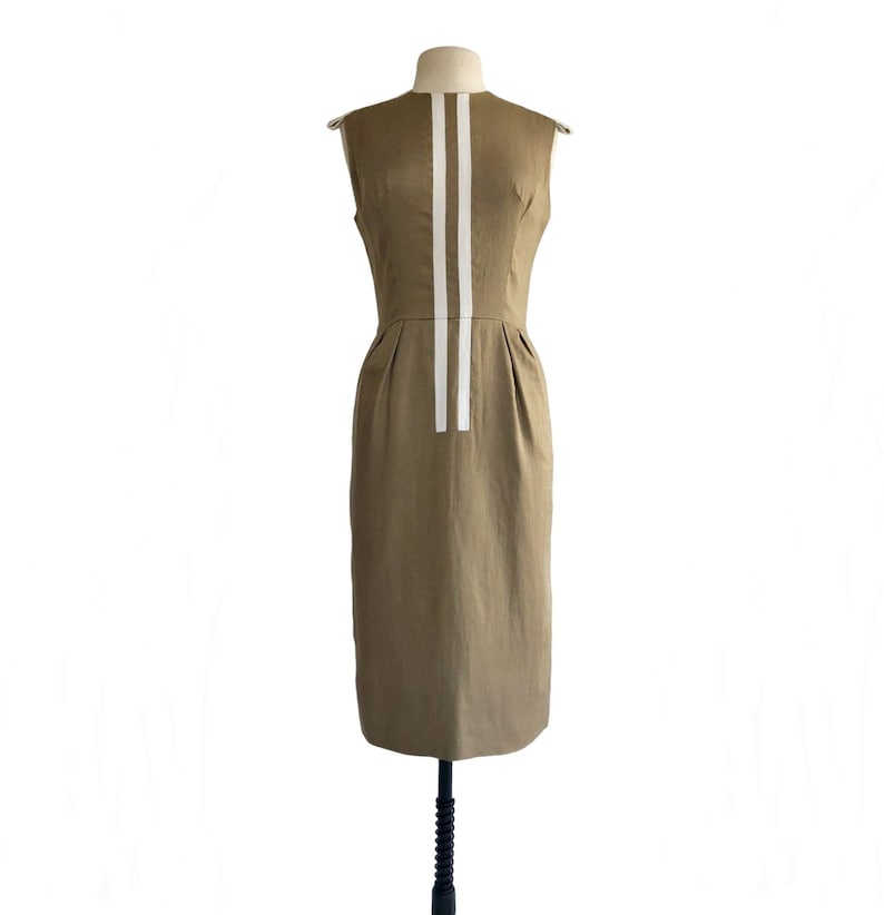 Vintage 60s Café au lait Teal Traina Sheath Dress with White Stripe Detail & Pockets image 1