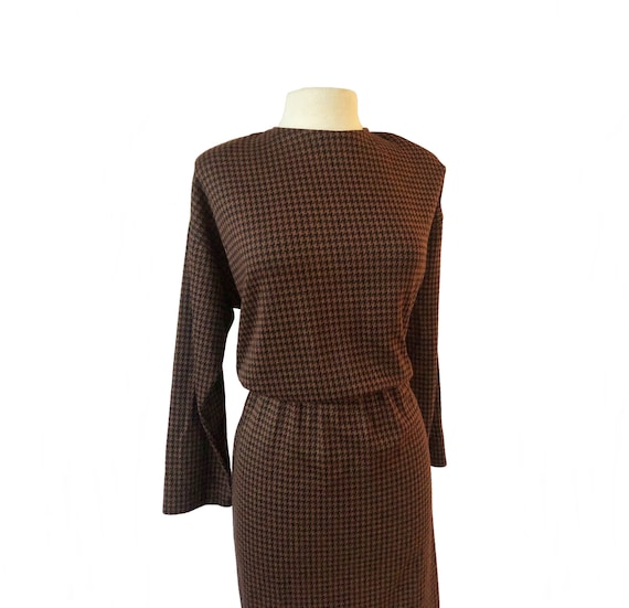 Vintage 80s brown & black houndstooth dress by Im… - image 3