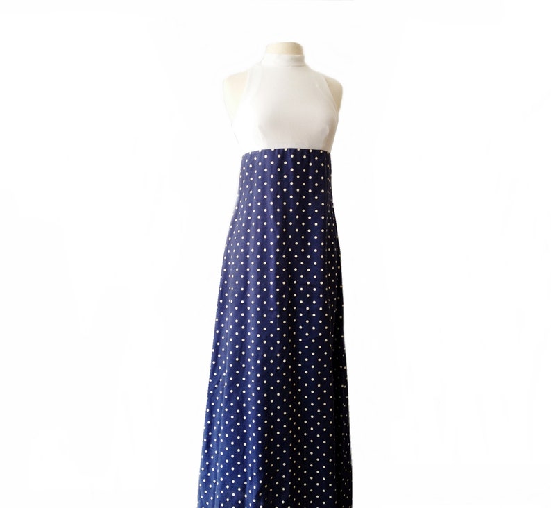 Vintage 70s polka dot navy dress/ sleeveless maxi sundress/ white bodice/ empire waist/ Bolero jacket/ summer dress/ Melissa Lane/ image 7