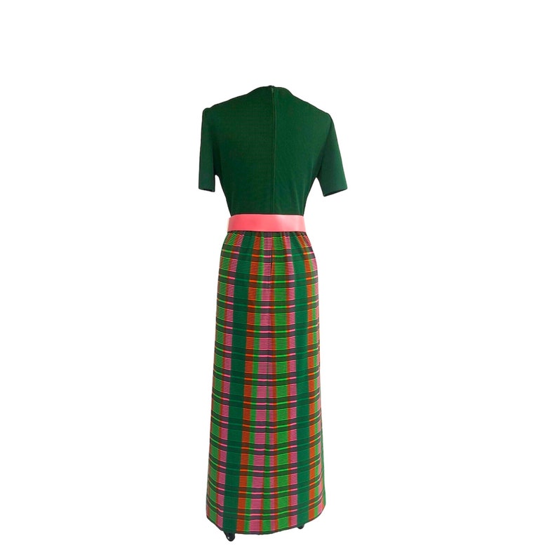Vintage 60s green pink & orange plaid maxi dress by Leslie Fay Knits Madras style striped dress VFG image 4