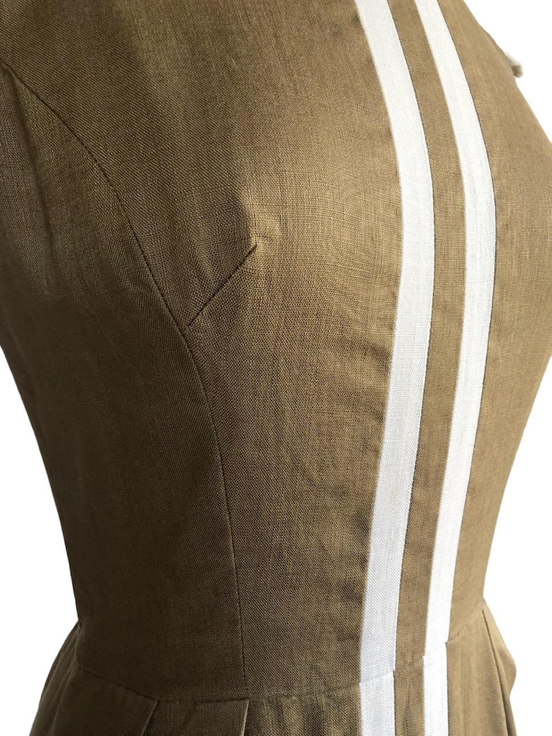 Vintage 60s Café au lait Teal Traina Sheath Dress with White Stripe Detail & Pockets image 5