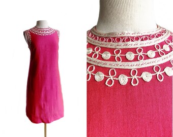 Vintage 60s Hot Pink Embroidered Shift Dress/ cotton blend/ raspberry magenta dress/ rope applique