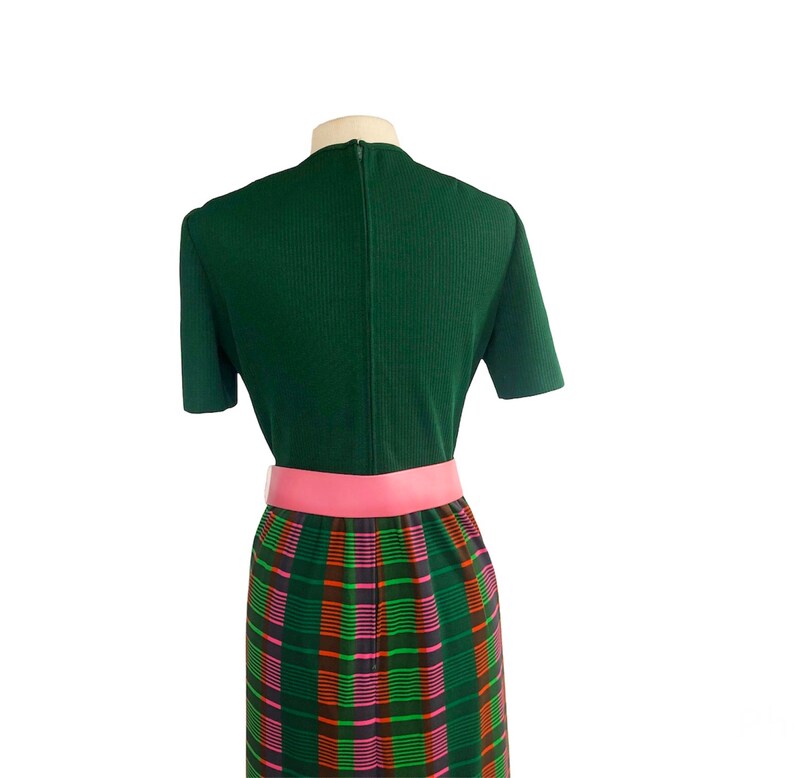 Vintage 60s green pink & orange plaid maxi dress by Leslie Fay Knits Madras style striped dress VFG image 6