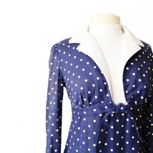 Vintage 70s polka dot navy dress/ sleeveless maxi sundress/ white bodice/ empire waist/ Bolero jacket/ summer dress/ Melissa Lane/ image 6