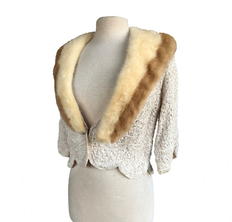 Vintage 50s Cream Ribbon Work Jacket with Blonde & Palomino Mink Fur Collar image 5