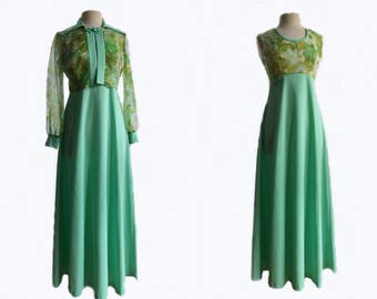 Vintage 70s mint green dress & floral chiffon bolero set/ “Secret Garden” empire waist dress set