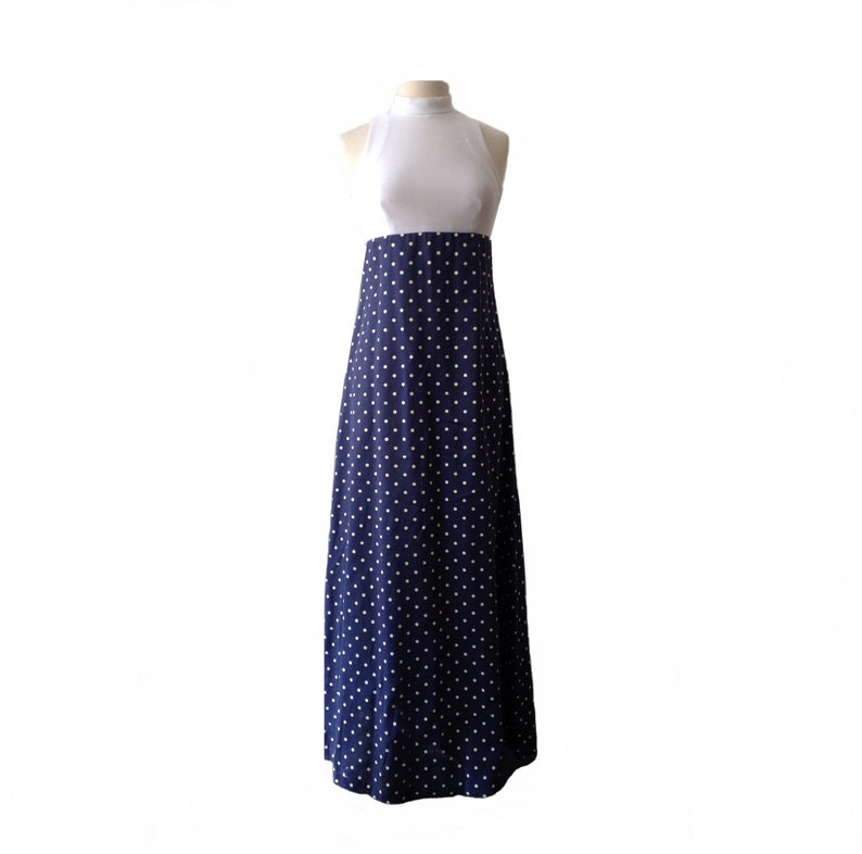 Vintage 70s polka dot navy dress/ sleeveless maxi sundress/ white bodice/ empire waist/ Bolero jacket/ summer dress/ Melissa Lane/ image 2