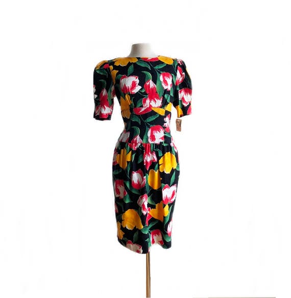 Vintage 80s floral dress/ tulip print/ Ronnie Hel… - image 6