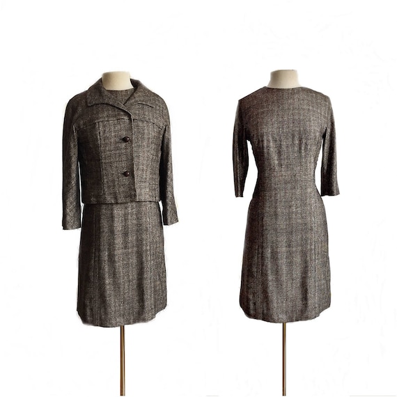 Vintage 1960s Paul Parnes Brown Tweed Dress & Jacket Set/ | Etsy