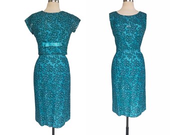 Vintage 60s green & blue floral lace sheath dress with blouson bolero top