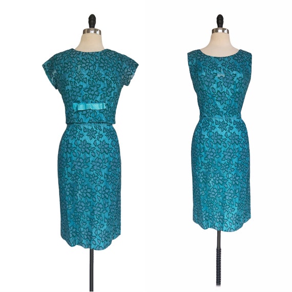 Vintage 60s green & blue floral lace sheath dress… - image 1