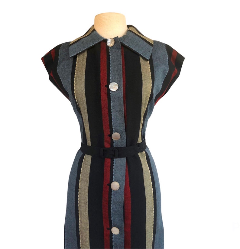 Vintage 50s striped wool sheath dress mother of pearl buttons Mad Men dress image 7