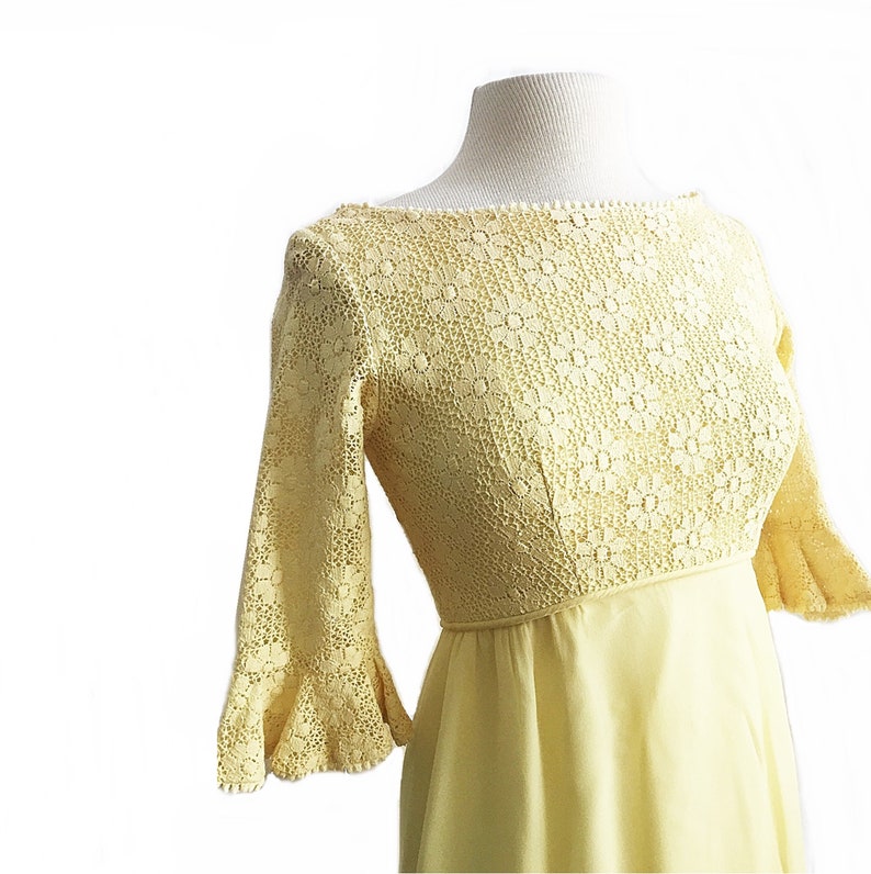 Chiffon Party Dress Vintage 60s Pale Yellow Cocktail Dress With Trailing Shoulder Sash