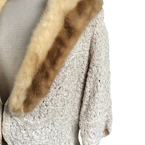 Vintage 50s Cream Ribbon Work Jacket with Blonde & Palomino Mink Fur Collar image 3