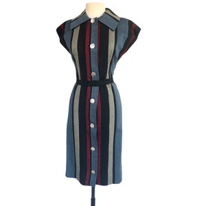 Vintage 50s striped wool sheath dress mother of pearl buttons Mad Men dress image 3