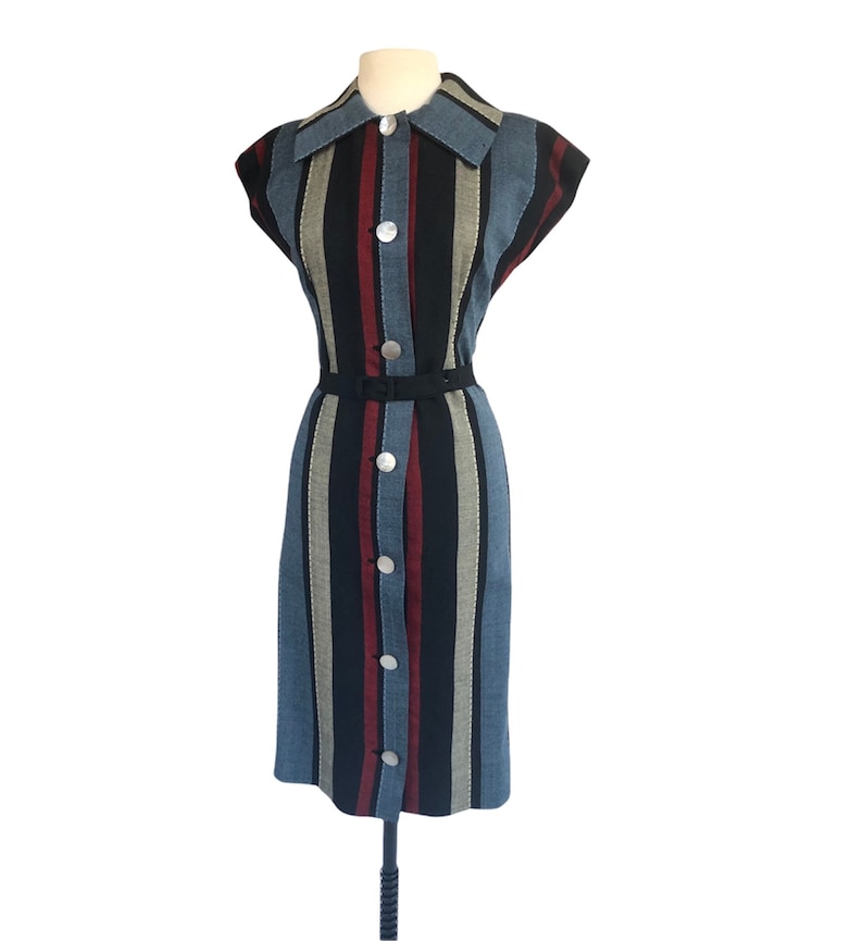 Vintage 50s striped wool sheath dress mother of pearl buttons Mad Men dress image 3