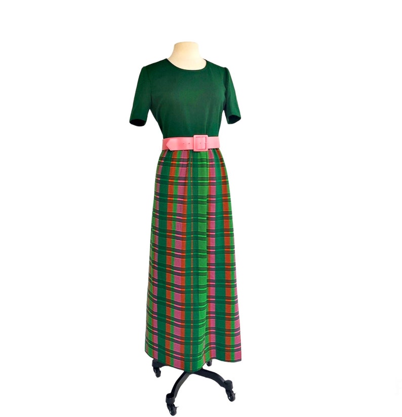 Vintage 60s green pink & orange plaid maxi dress by Leslie Fay Knits Madras style striped dress VFG image 1
