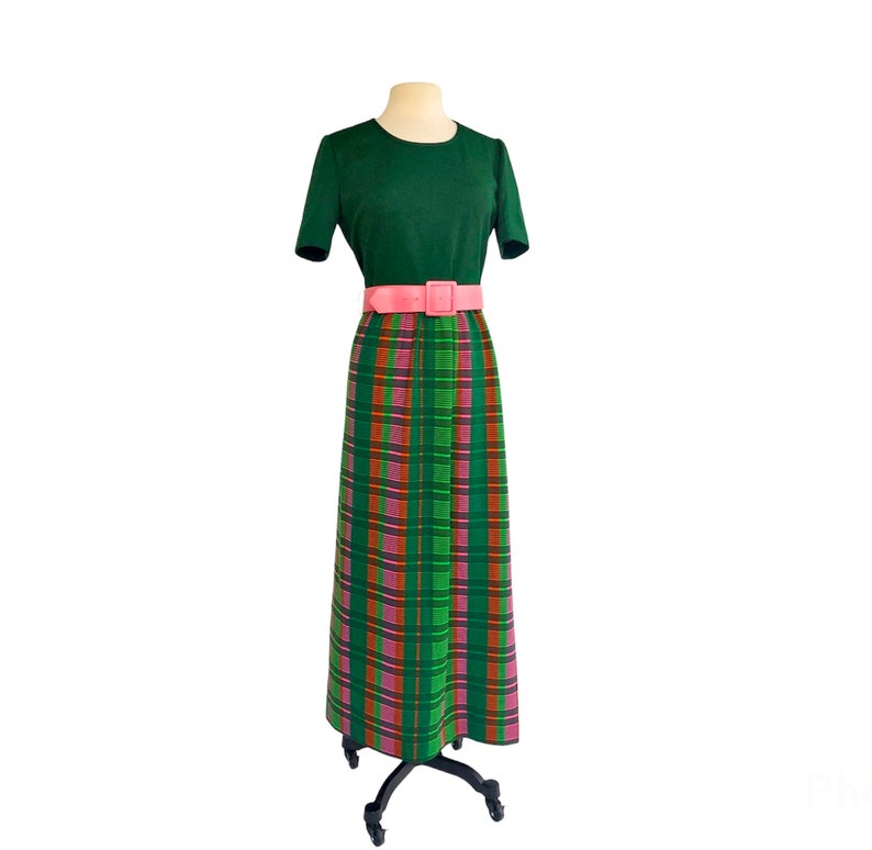 Vintage 60s green pink & orange plaid maxi dress by Leslie Fay Knits Madras style striped dress VFG image 5