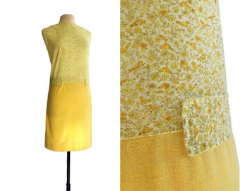 Vintage 60s yellow calico cotton day dress| bird print shift| drop waist