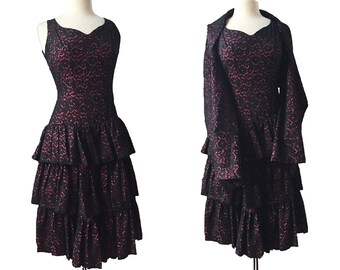 Vintage 60s black lace cocktail dress & wrap shawl/ pink lining/tiered illusion party dress/ handmade black and pink evening dress