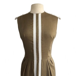 Vintage 60s Café au lait Teal Traina Sheath Dress with White Stripe Detail & Pockets image 3