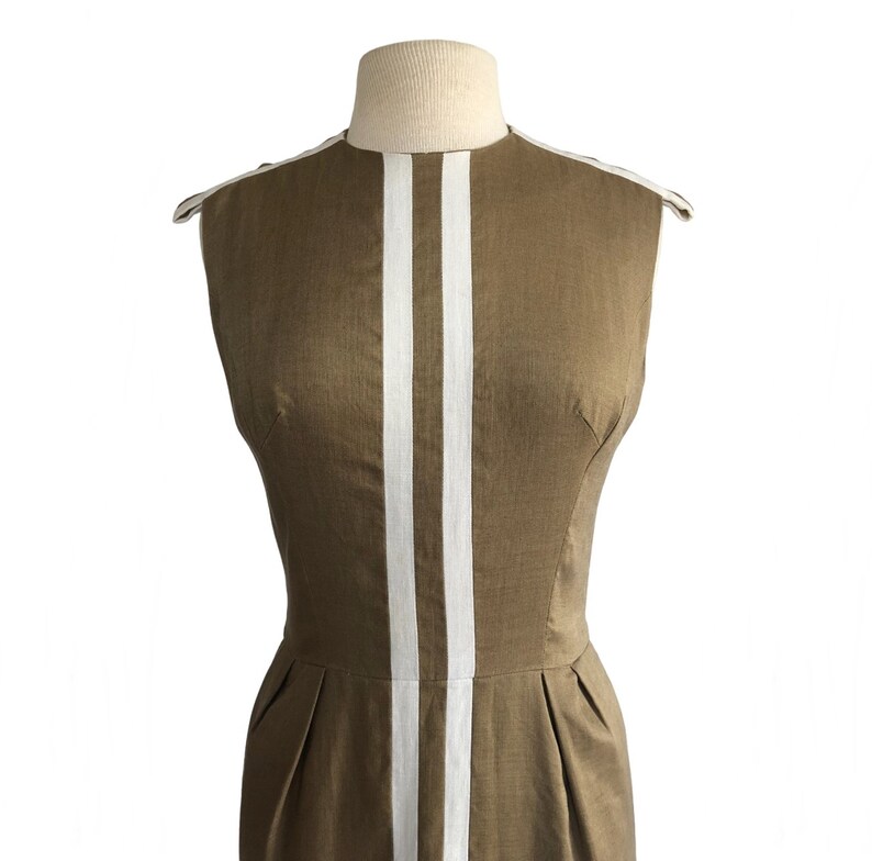 Vintage 60s Café au lait Teal Traina Sheath Dress with White Stripe Detail & Pockets image 3