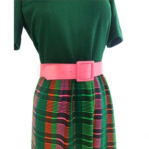 Vintage 60s green pink & orange plaid maxi dress by Leslie Fay Knits Madras style striped dress VFG image 3