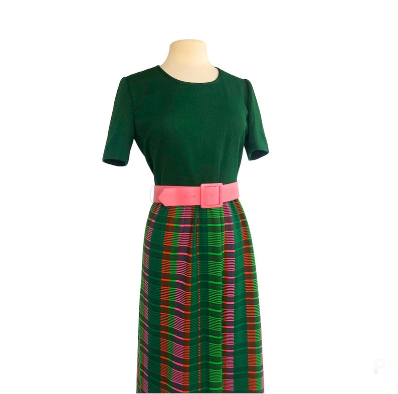 Vintage 60s green pink & orange plaid maxi dress by Leslie Fay Knits Madras style striped dress VFG image 2