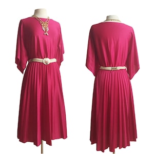 Vintage 70s raspberry pleated dress/ accordion pleat party dress/ bright festive gown/ dolman sleeves