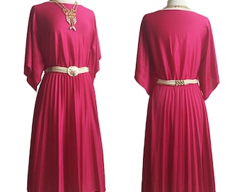 Vintage 70s raspberry pleated dress/ accordion pleat party dress/ bright festive gown/ dolman sleeves