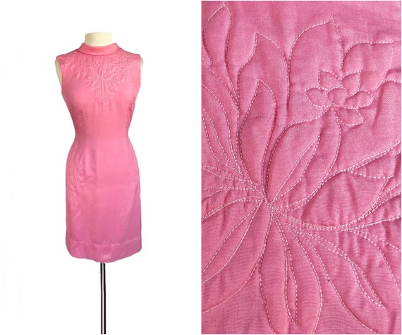 Vintage 60s bubblegum pink silk trapunto dress by