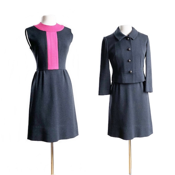 Vintage 60s gray pink wool knit dress set/ Kimberl