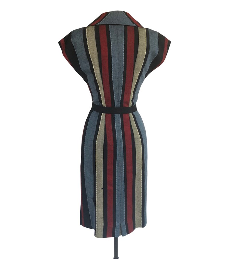 Vintage 50s striped wool sheath dress mother of pearl buttons Mad Men dress image 9