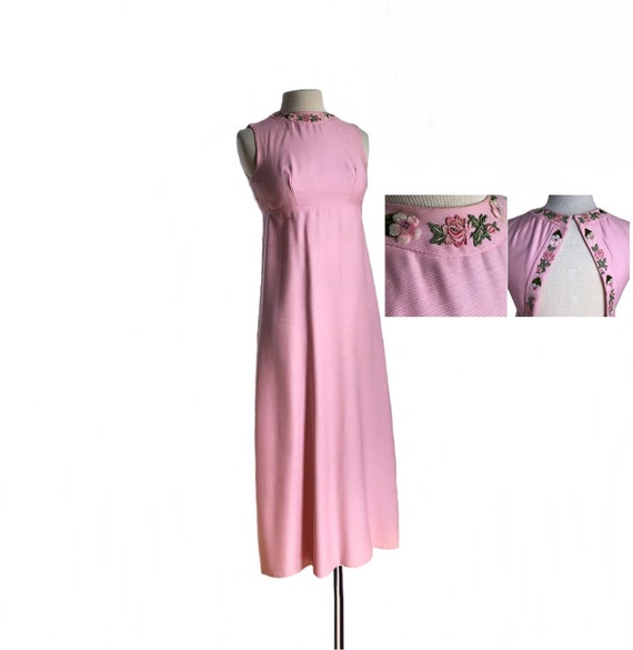 Vintage 60s pink floral maxi dress/ long sleevele… - image 1