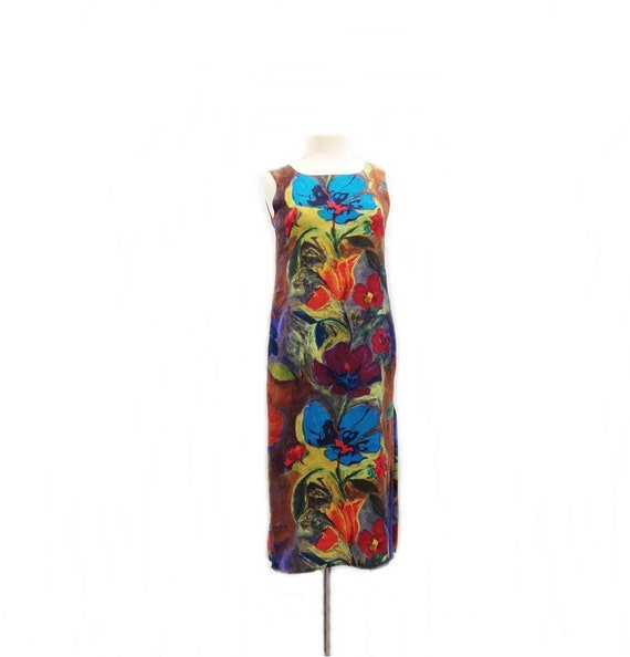 Vintage 80s hand painted dress/ vibrant flower power dress/ turquoise blue red earthy brown & green/ floral shift dress/ European fashion